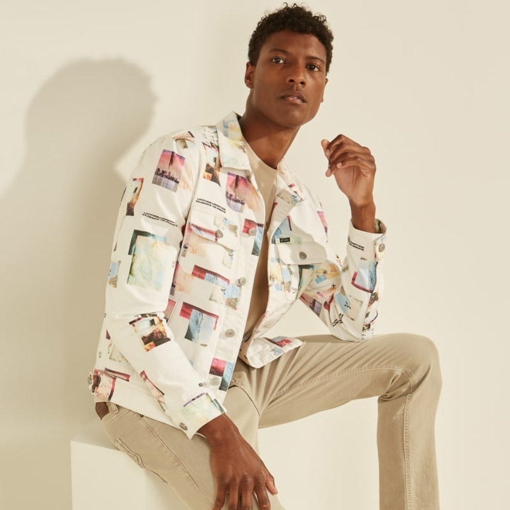New GUESS Collage Print Denim Jacket